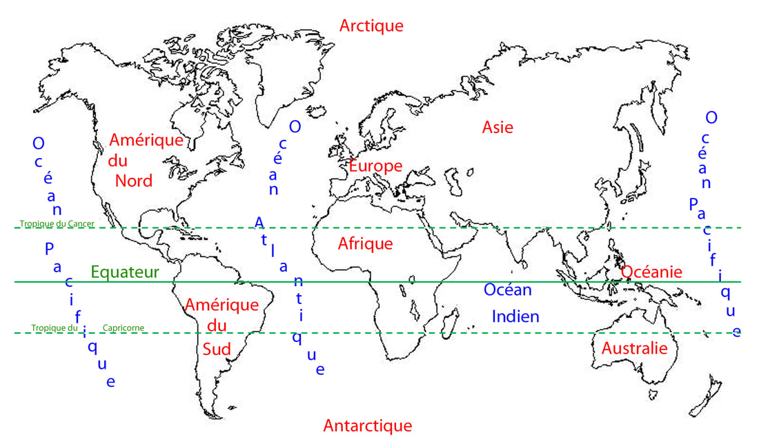 Carte du monde Océans Continents
